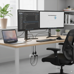 Daisy Chain-setup med två skärmar och en laptop