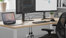 Daisy Chain-setup med två skärmar och en laptop