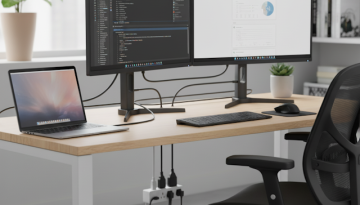 Daisy Chain-setup med två skärmar och en laptop